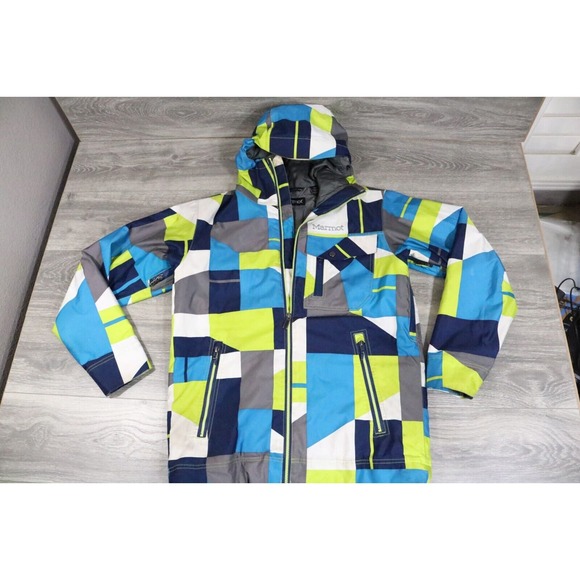 Marmot Jacket Men Medium Abstract Hooded Heavy Winter Snow Sports Ski - Picture 1 of 11